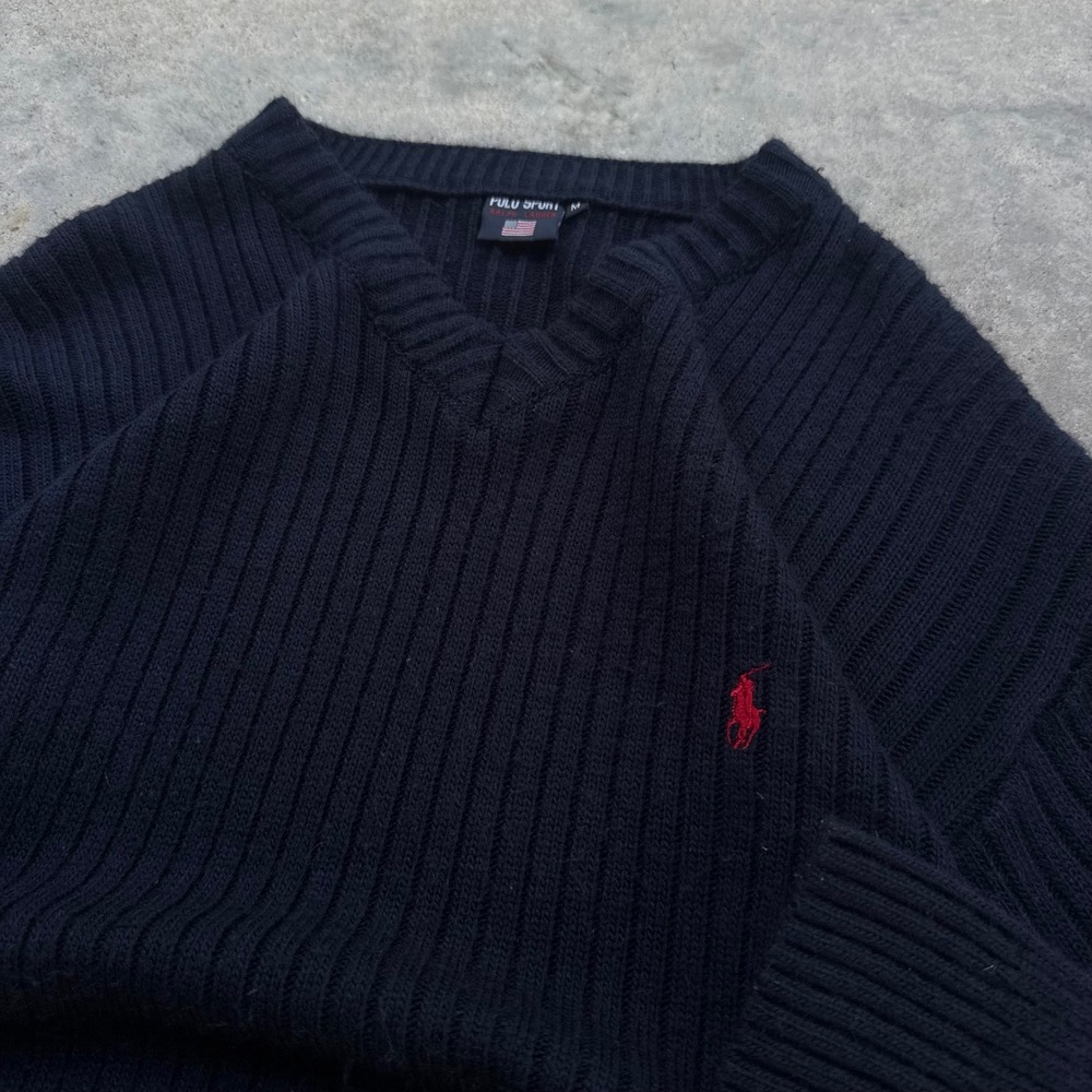 Vintage 90s Polo Sport Ralph Lauren Knit Sweater V-Neck Navy Blue Size M (g6)